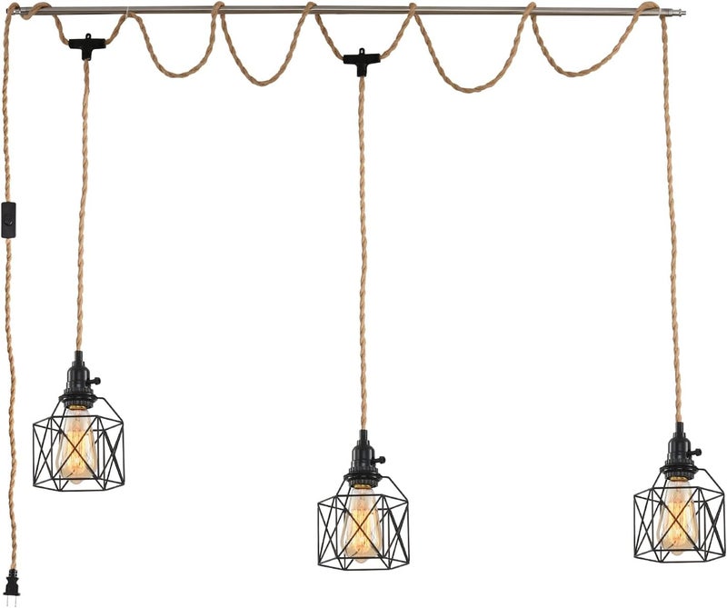 KENMI 3-Light Hanging Light with Plug in Cord,Plug in Pendant Light 22ft Hemp Rope Pendant Lighting Vintage 3-Light Hanging Lamp Fixtures for Kitchen Island Living Room Bedroom - Image 1